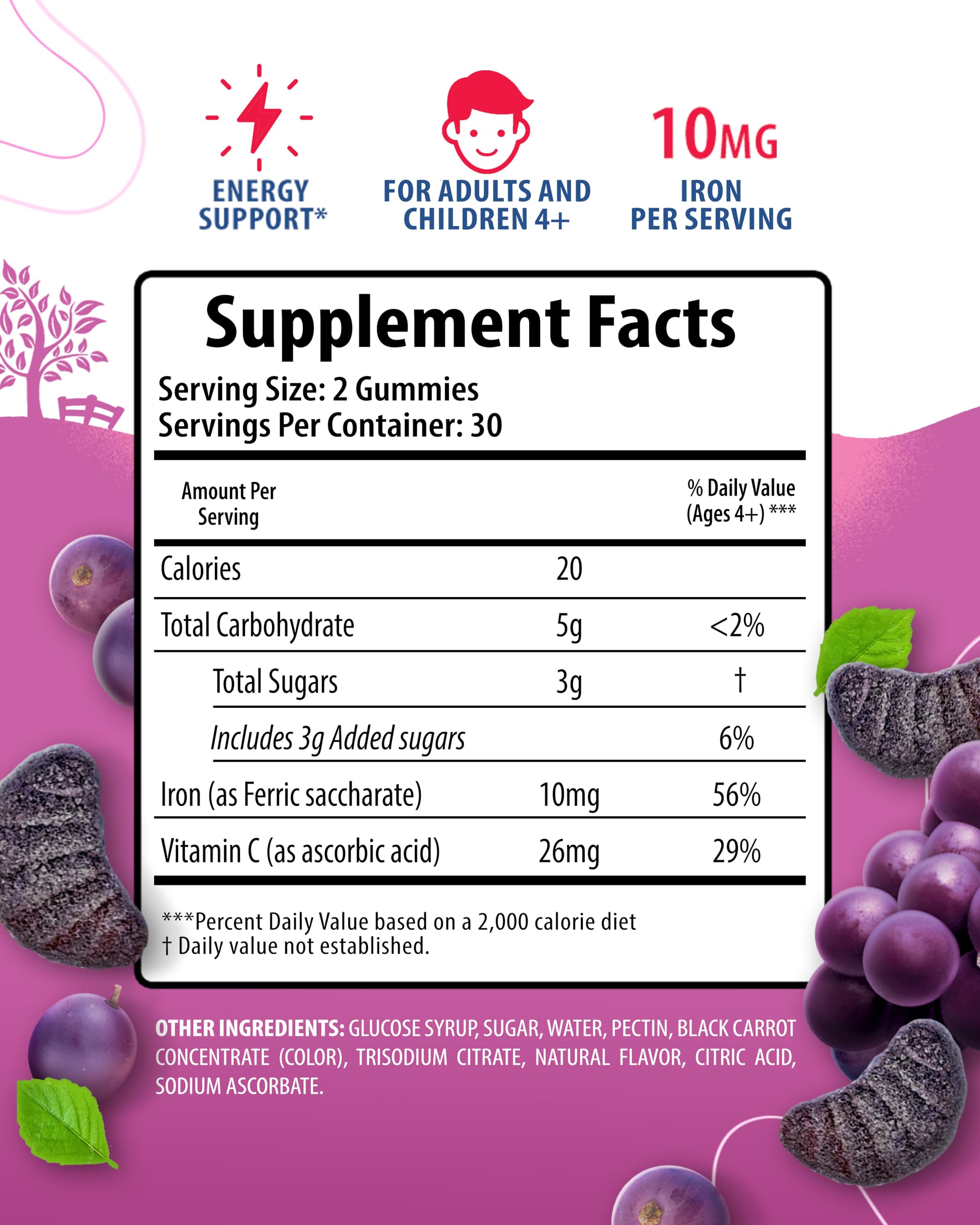 Sunny Sam Iron Gummies ingredients label highlighting carbonyl iron and vitamin C.