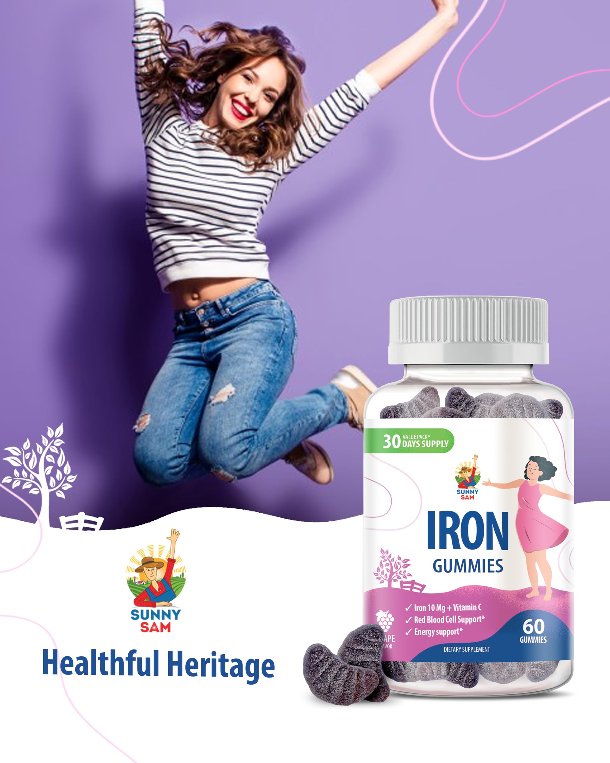 Sunny Sam iron gummies non-GMO dairy-free seal on label.