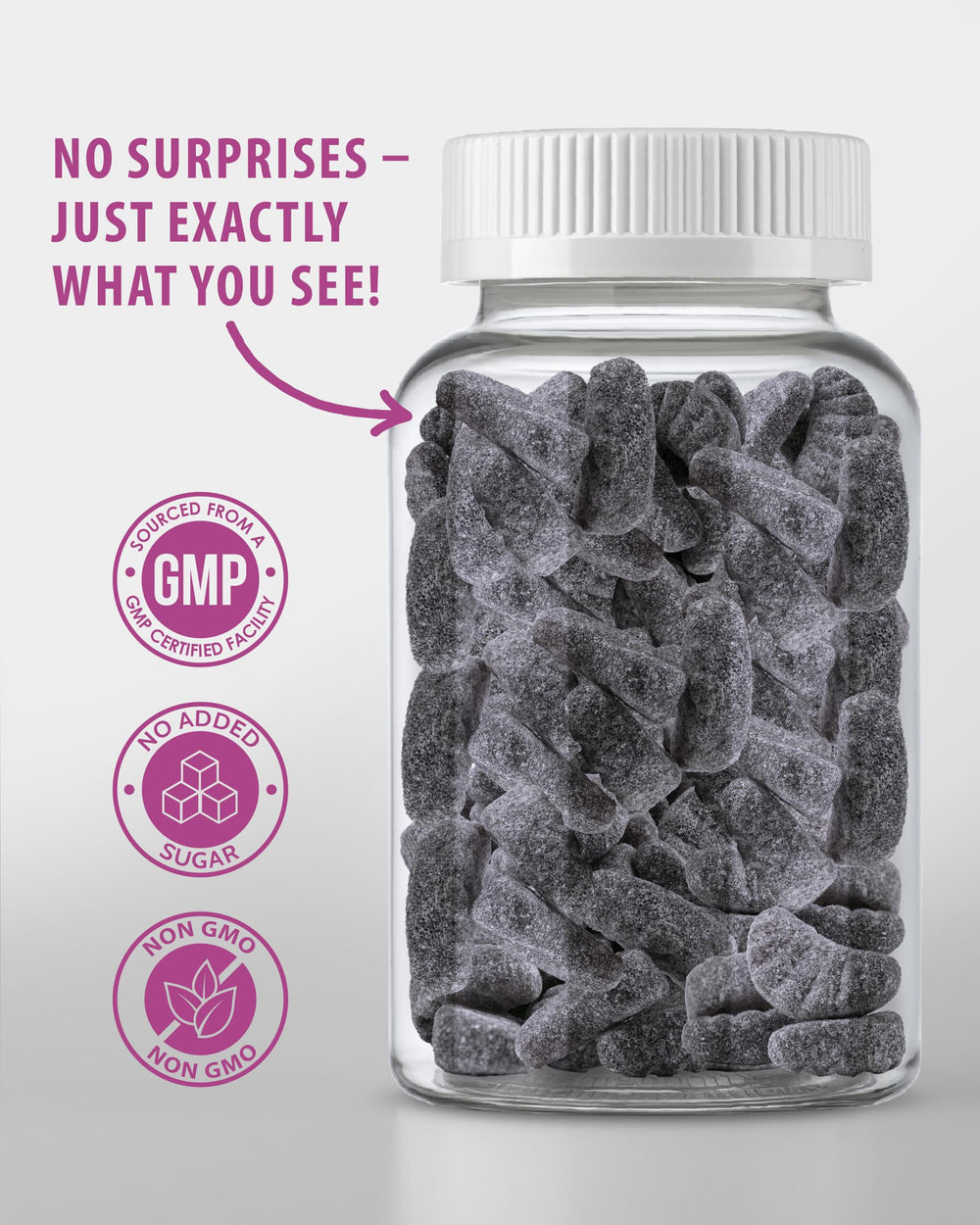 Sunny Sam iron gummies vegetarian pectin base symbol on bottle.