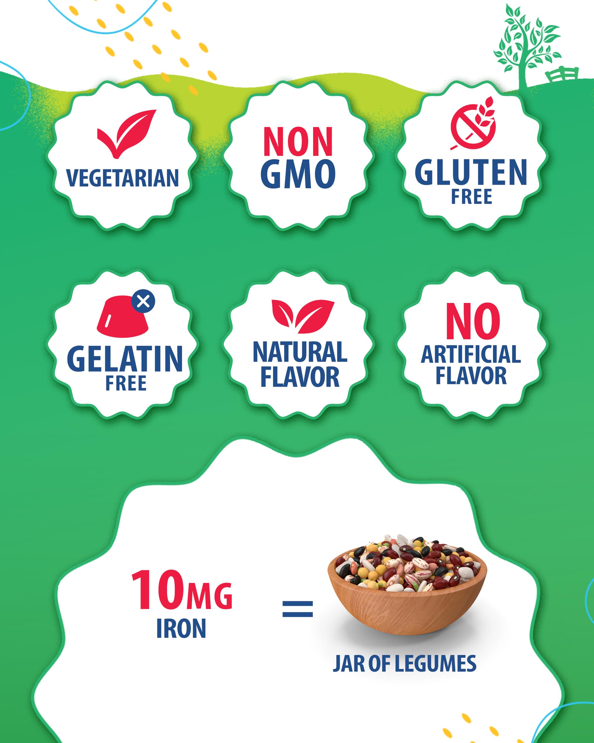 Sunny Sam Iron Gummies vitamin C panel with non-GMO and vegetarian icons
