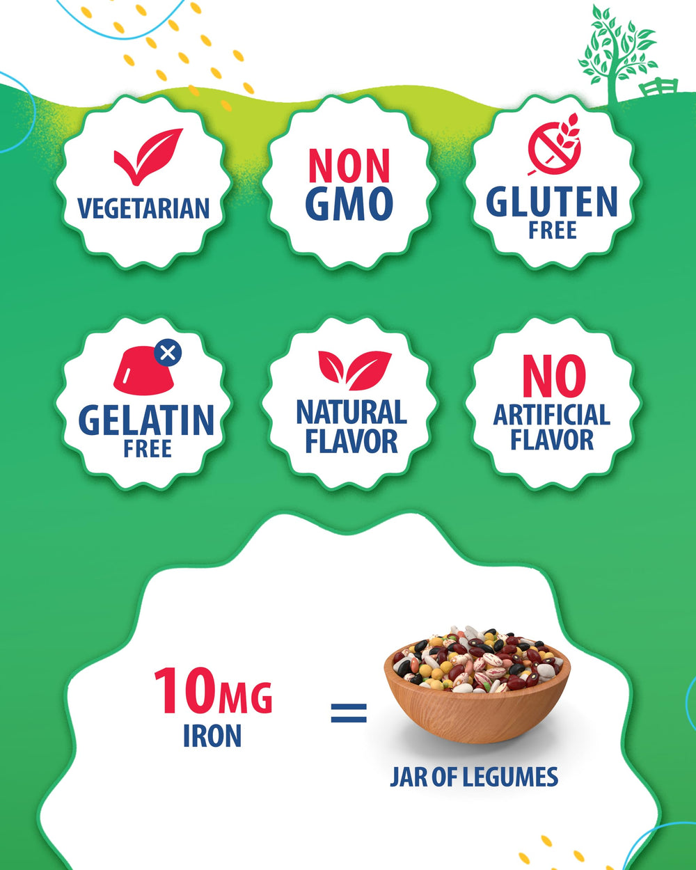 Sunny Sam Iron Gummies vitamin C panel with non-GMO and vegetarian icons