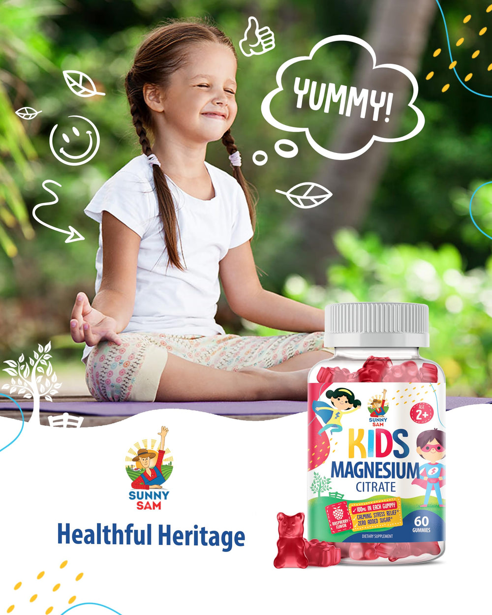 Sunny Sam gummies are gluten-free and non-GMO for family-friendly use.