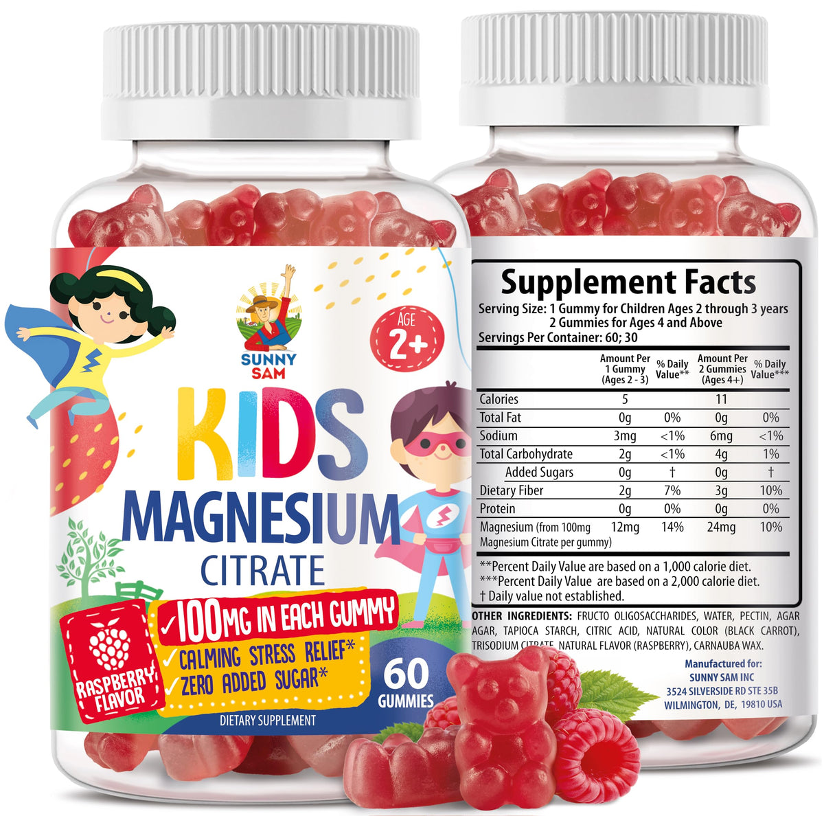 Sunny Sam Magnesium Gummies for Kids bottle front supports calm and nightly routine