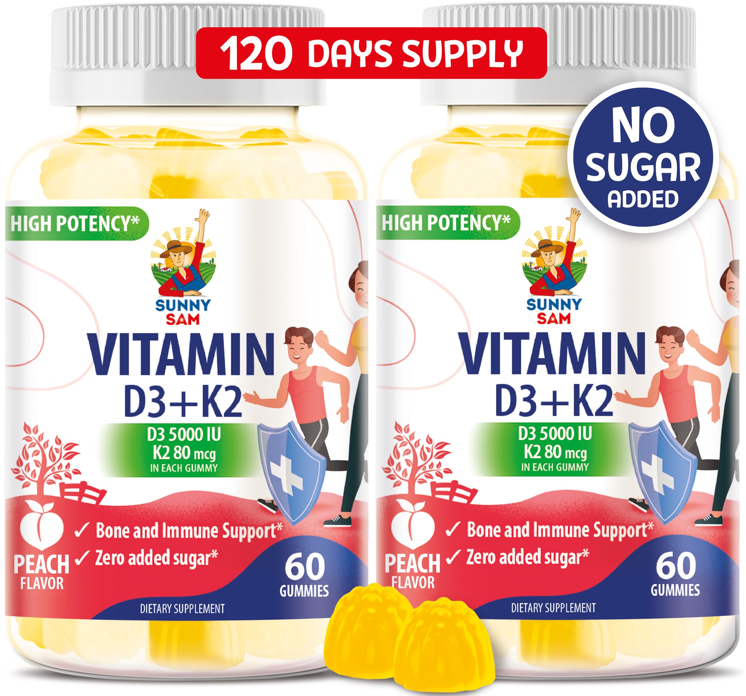 Sunny Sam sugar-free Vitamin D3 K2 gummy bottle with peach flavor for daily immune and bone support.