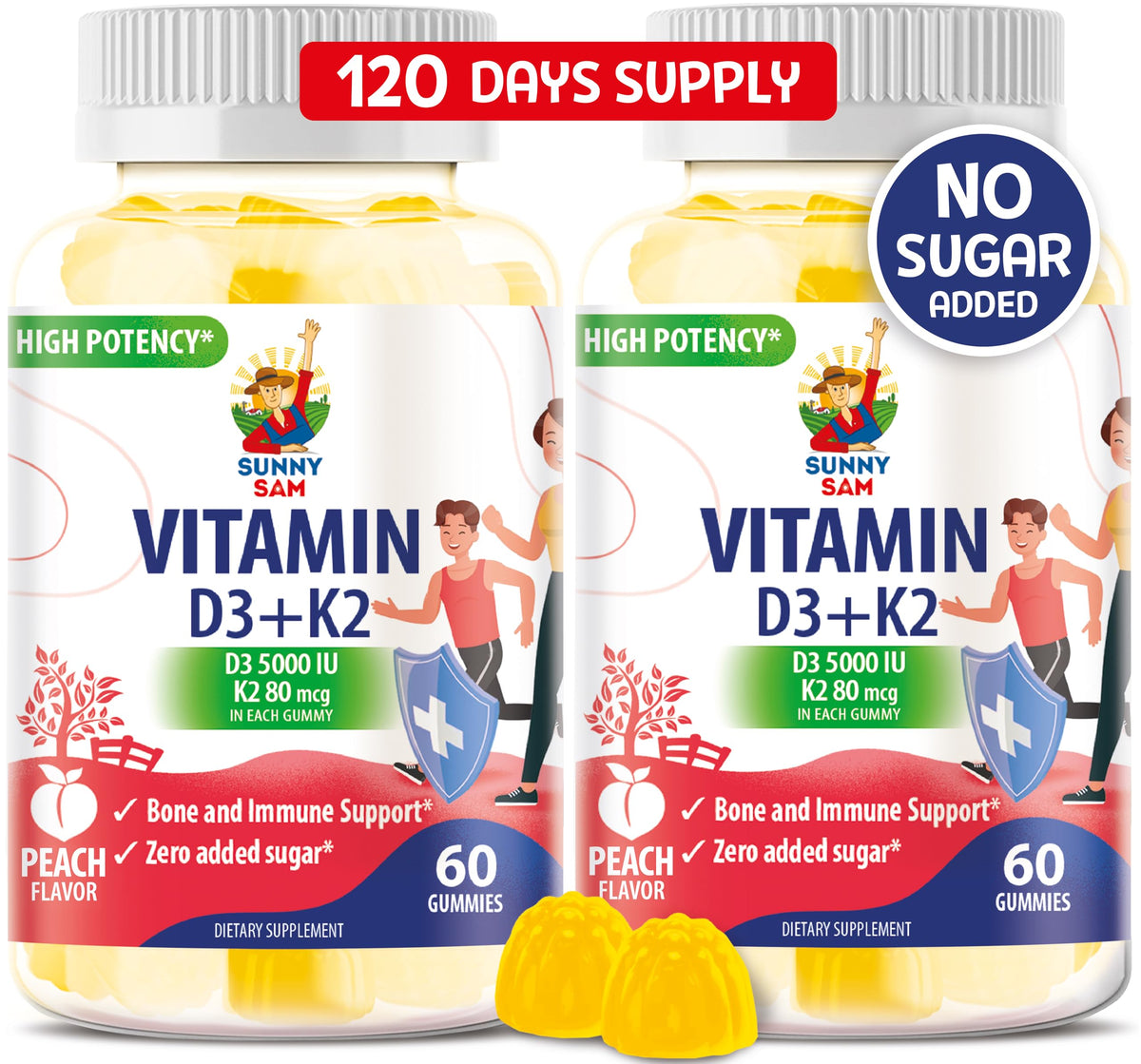Sunny Sam sugar-free Vitamin D3 K2 gummy bottle with peach flavor for daily immune and bone support.