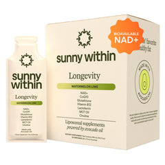 Sunny Within Longevity bottle pouring a convenient daily dose for energy.