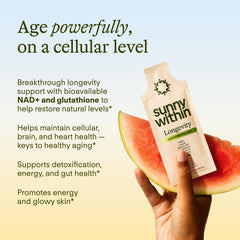Sunny Within Longevity in a travel-ready daily pouch for on-the-go support.