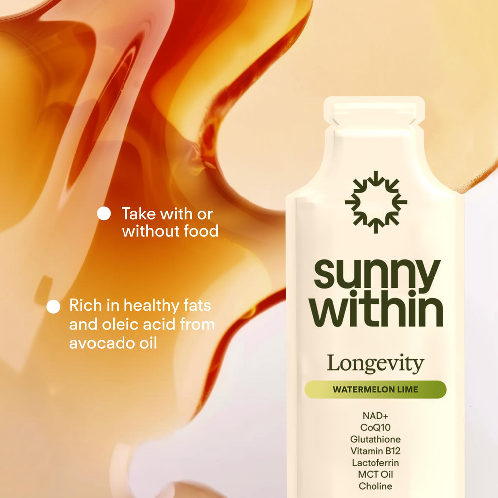 Sunny Within Longevity liposomal NAD visuals suggest enhanced absorption.
