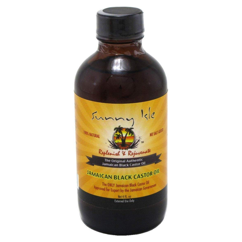 Sunny Isle Jamaican Castor Oil Black bottle pour supports scalp moisturization.