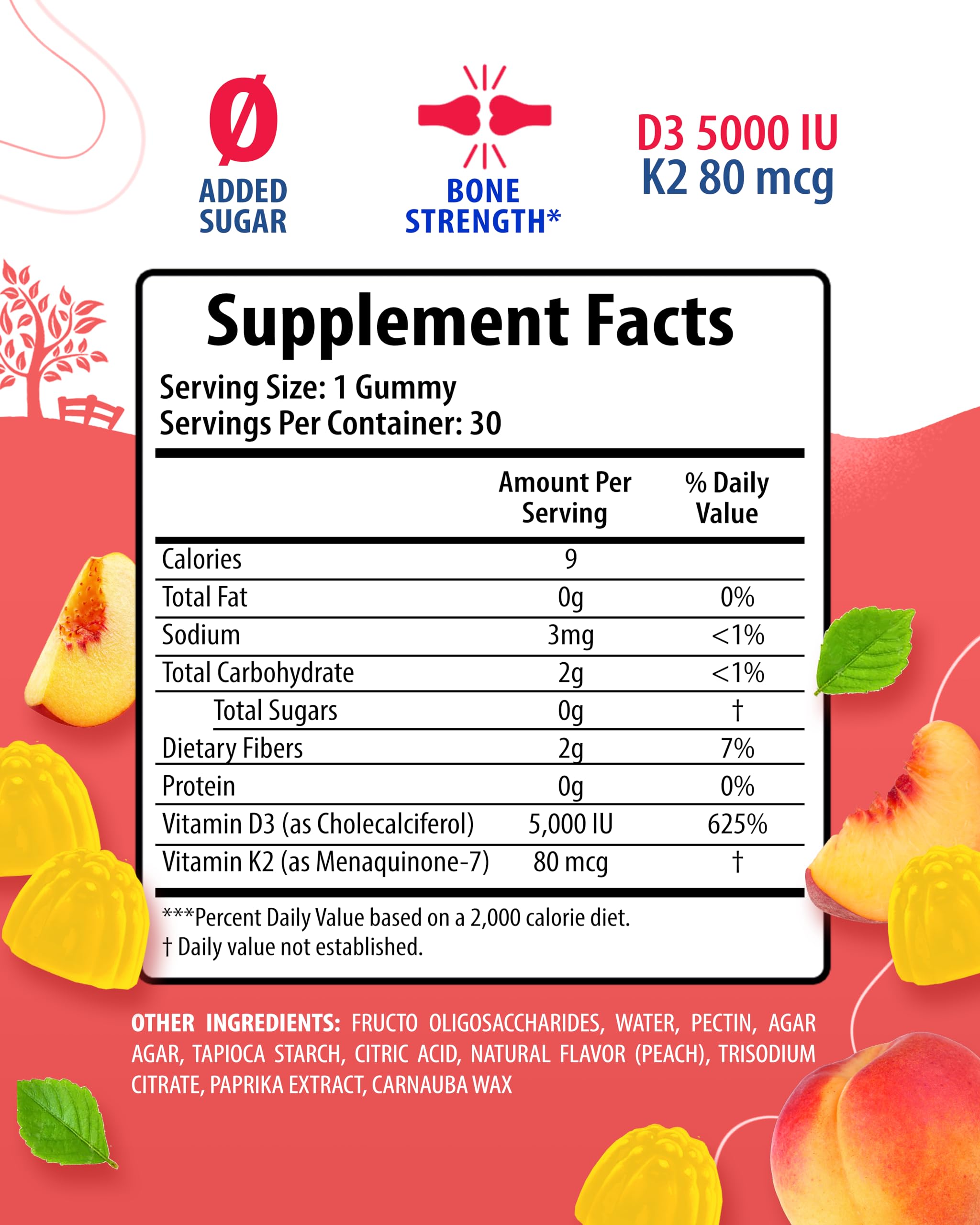 Sunny Sam peach-flavor gummies illustrate tasty immune and bone support.