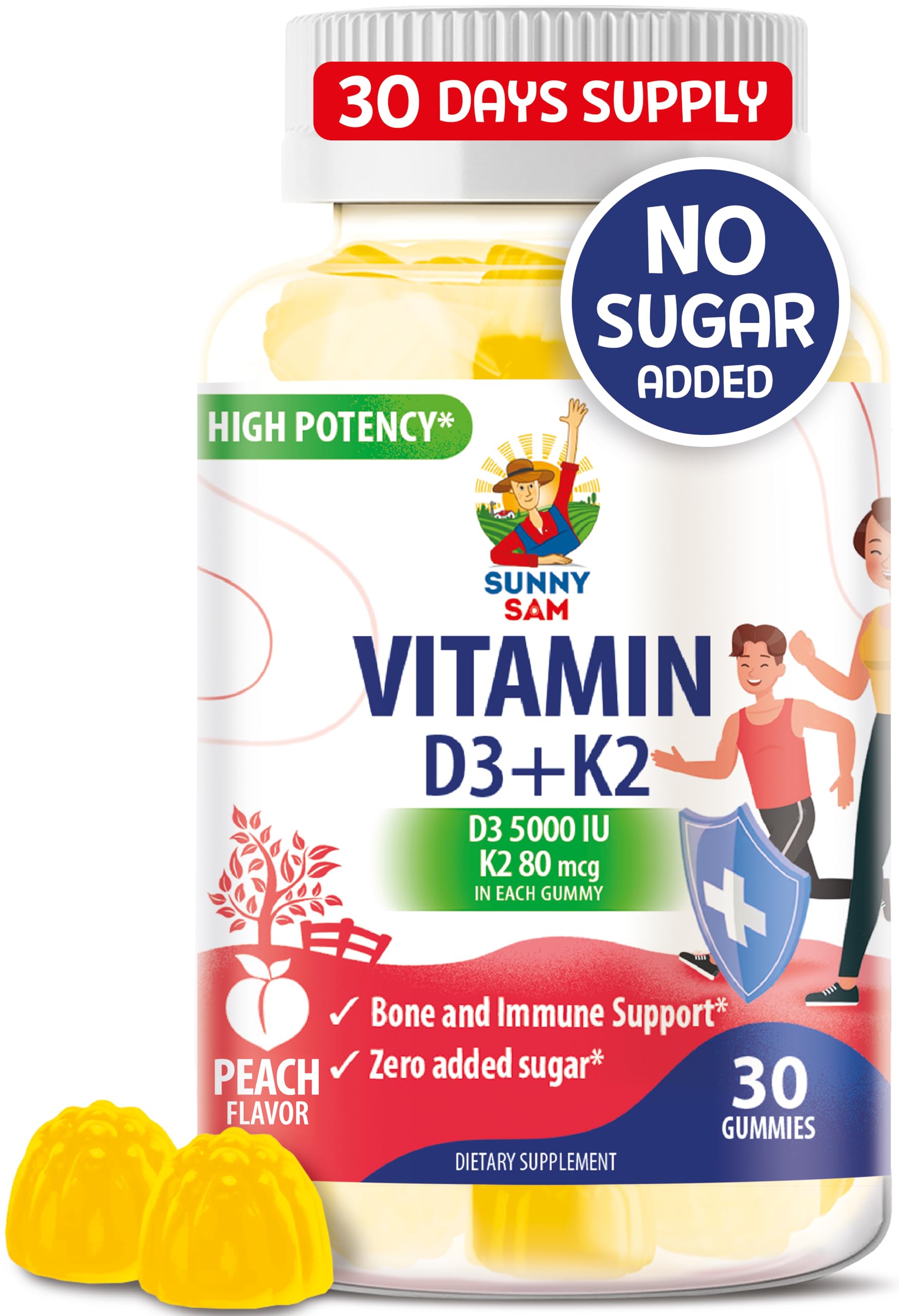 Sunny Sam bottle with sugar-free vitamin D3 K2 gummies for daily wellness.