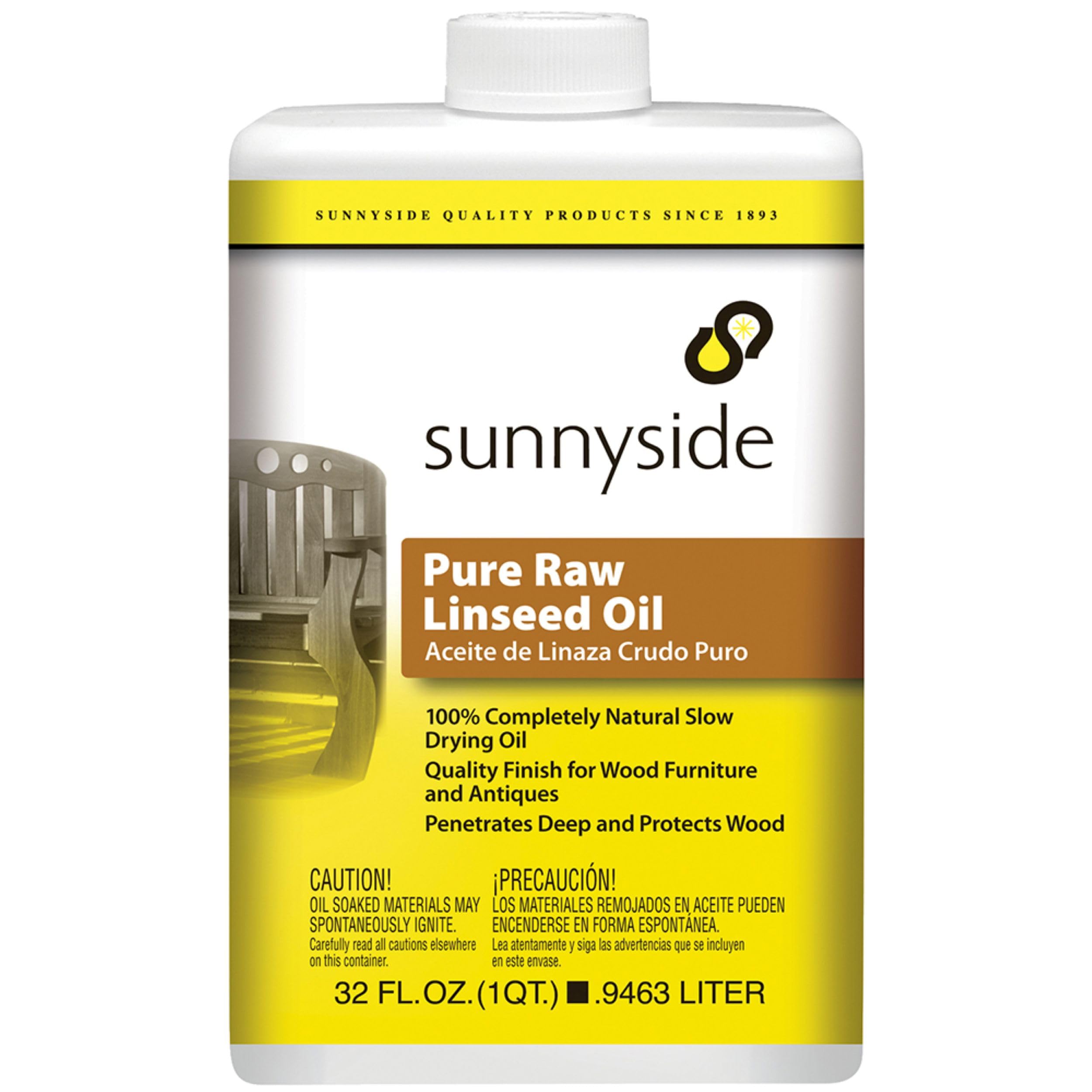 Sunnyside 87332 Pure Raw Linseed Oil bottle shown for wood protection and water resistance