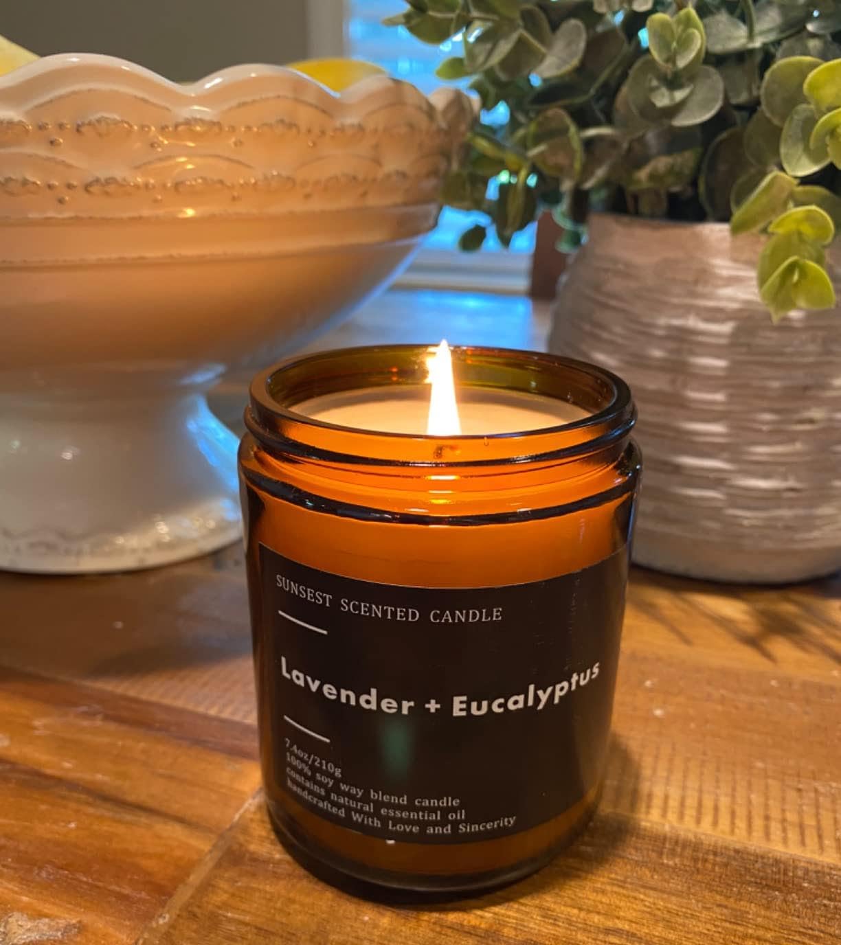 SunSest handmade candle close-up showcasing natural soy wax and pure essential oils.