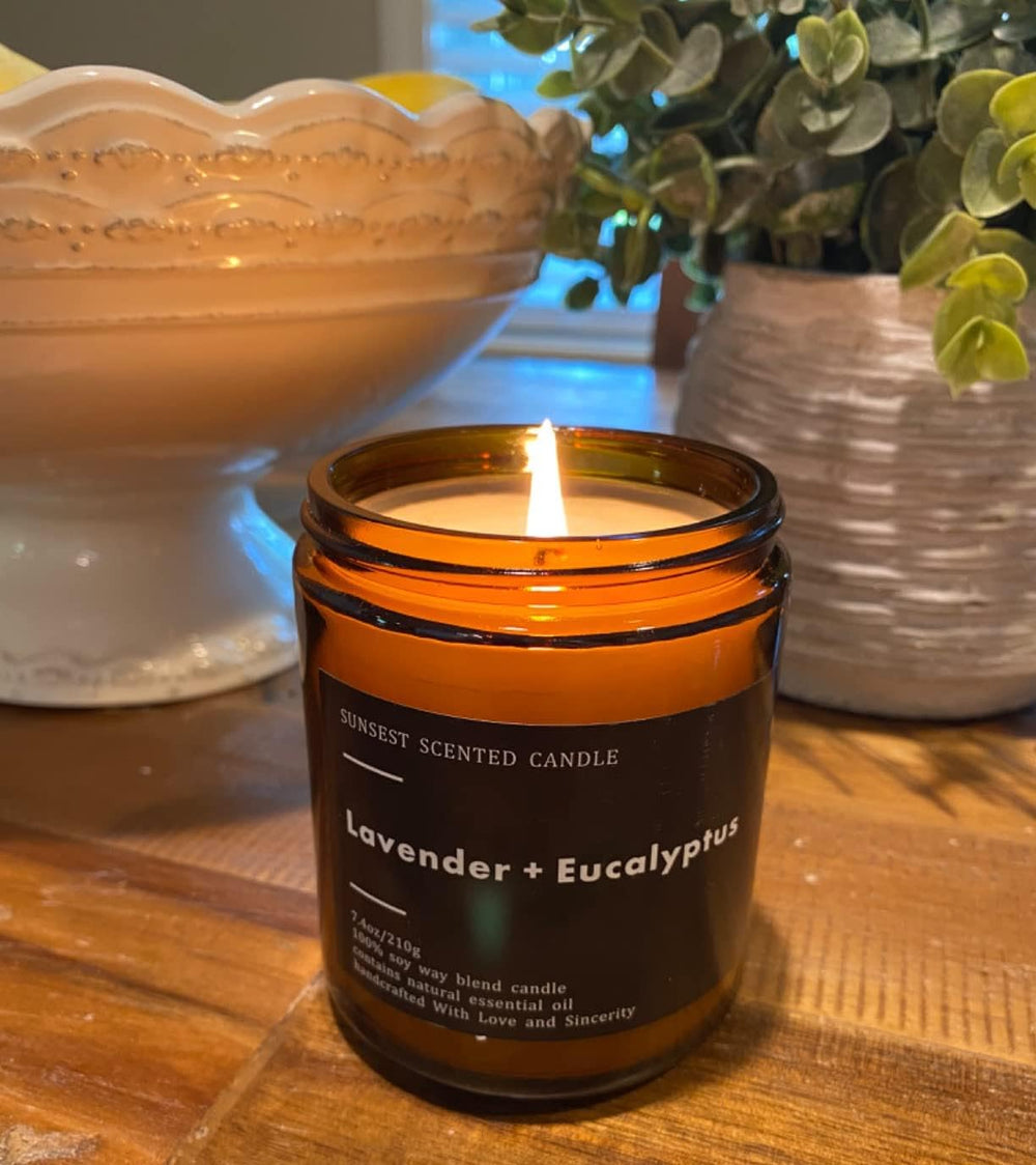SunSest handmade candle close-up showcasing natural soy wax and pure essential oils.