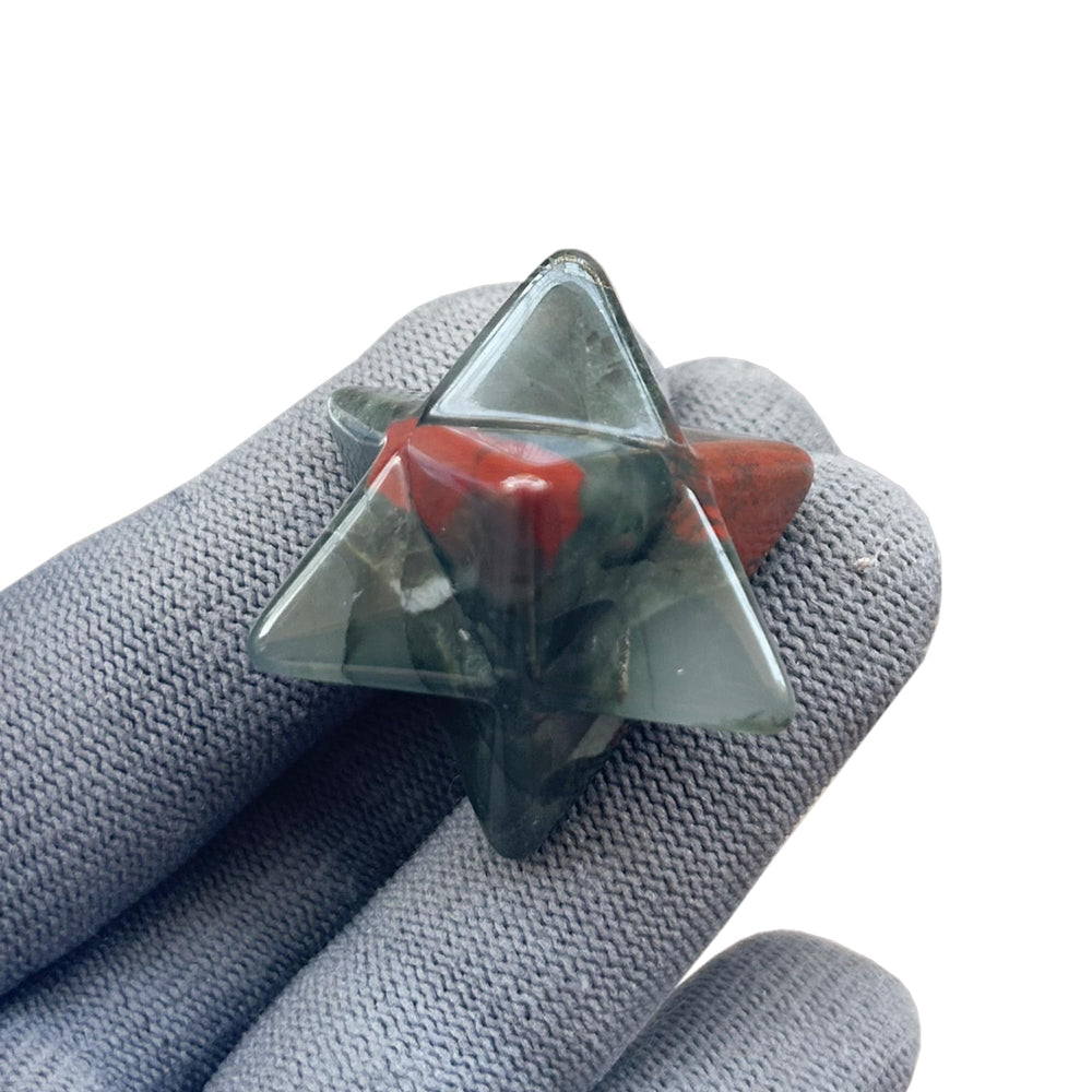 Sunshcat African Bloodstone Merkaba hexagonal star crystal for focused meditation.