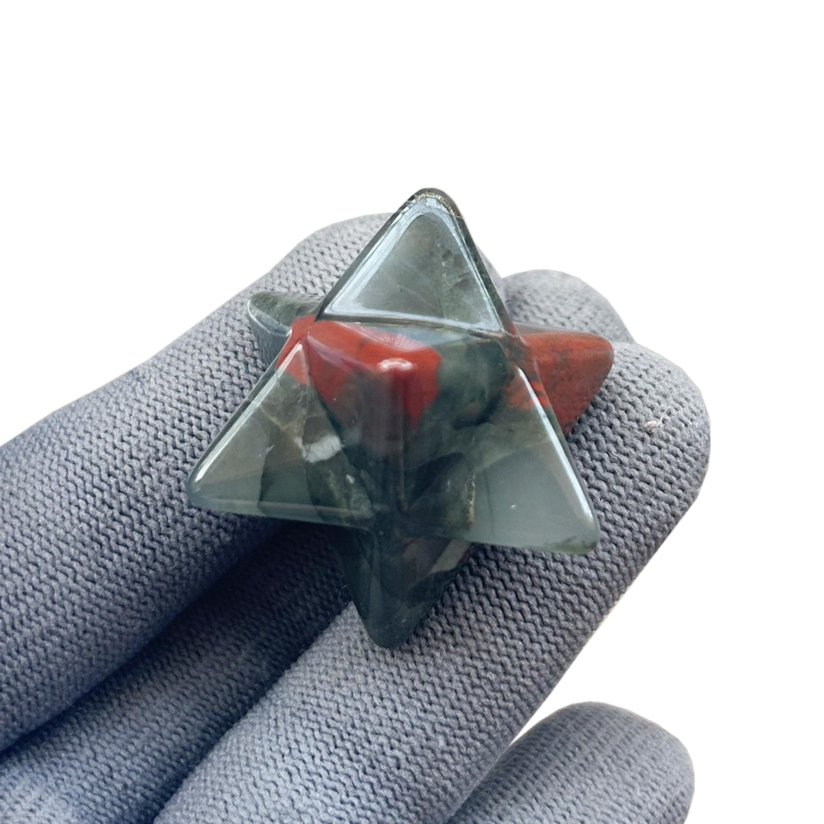Sunshcat African Bloodstone Merkaba hexagonal star crystal for focused meditation.