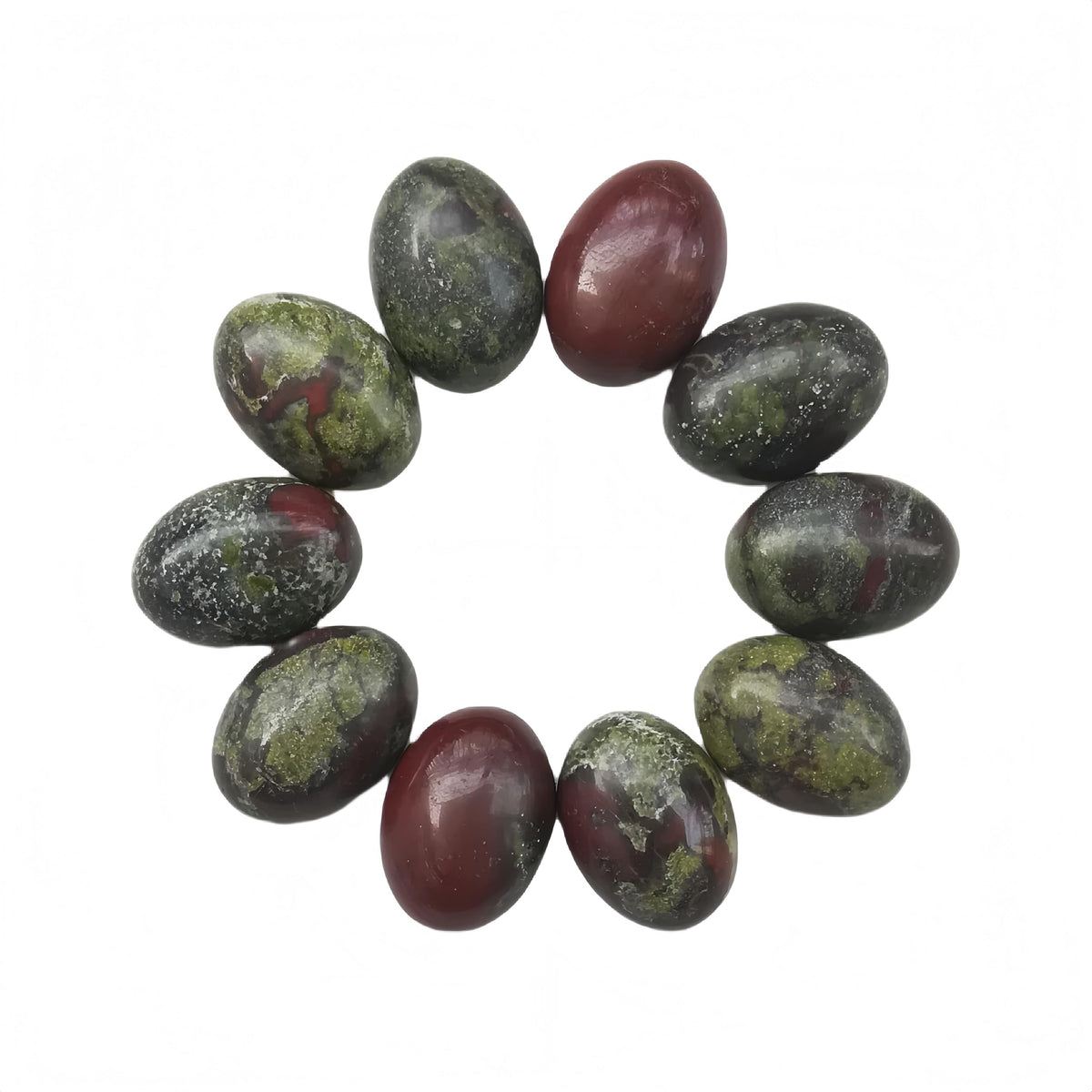 Sunshcat Dragon Blood Jasper oval flatback close up showing natural color and texture for jewelry