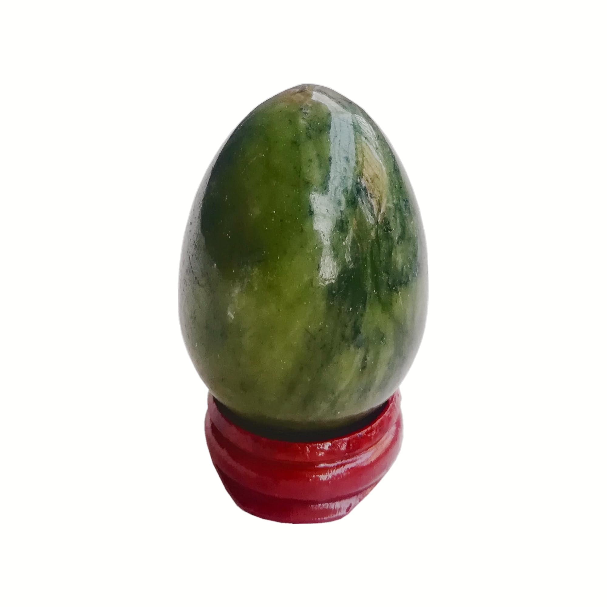Sunshcat green jade egg with wooden bracket on display promoting calm meditation