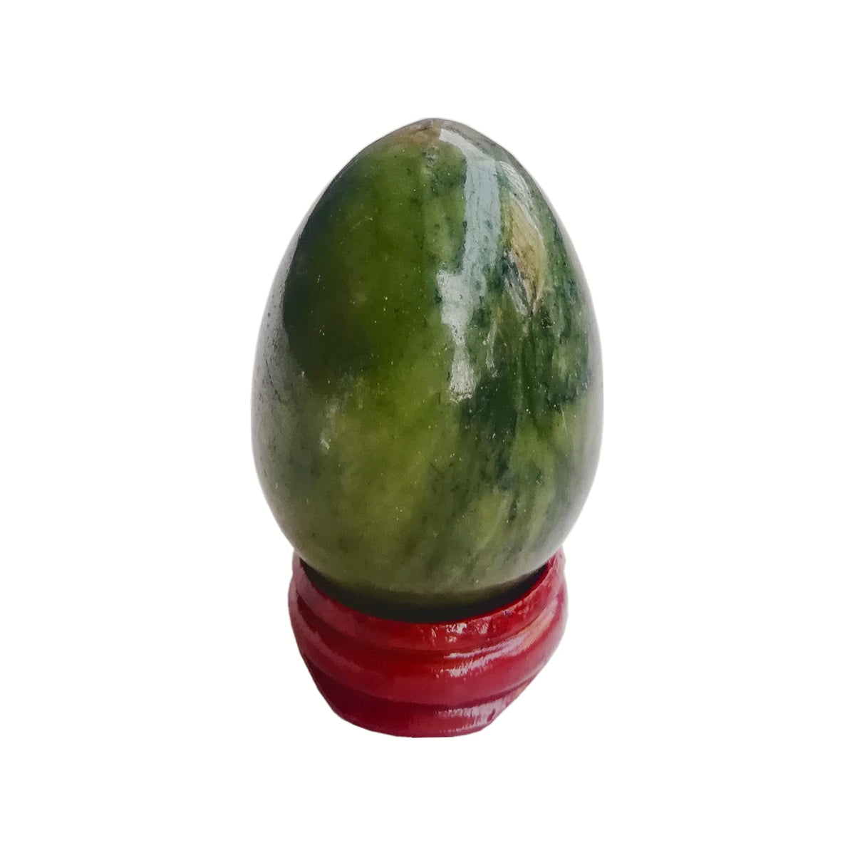 Sunshcat green jade egg with wooden bracket on display promoting calm meditation