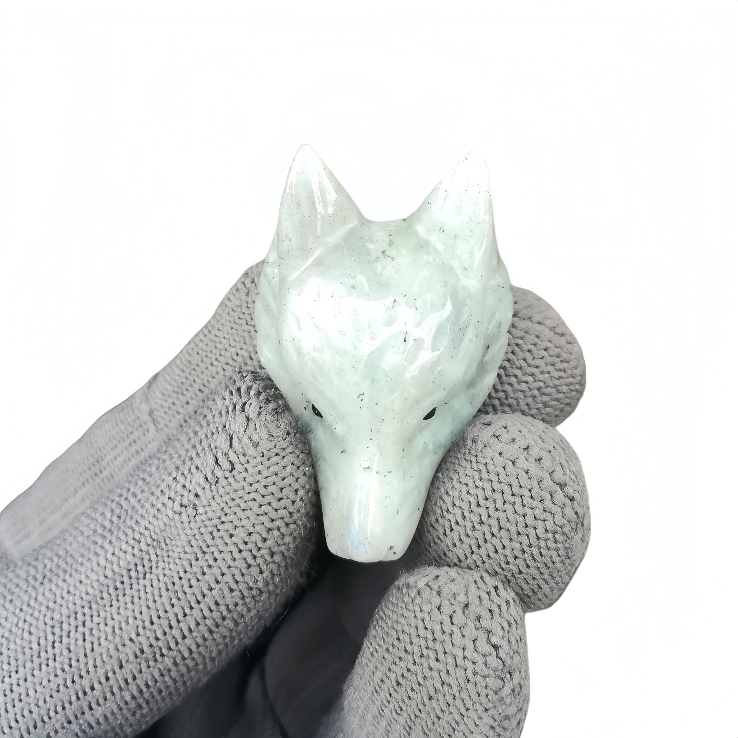 Sunshcat Moonstone Wolf Head Figurine on display highlights calming color and subtle shine.