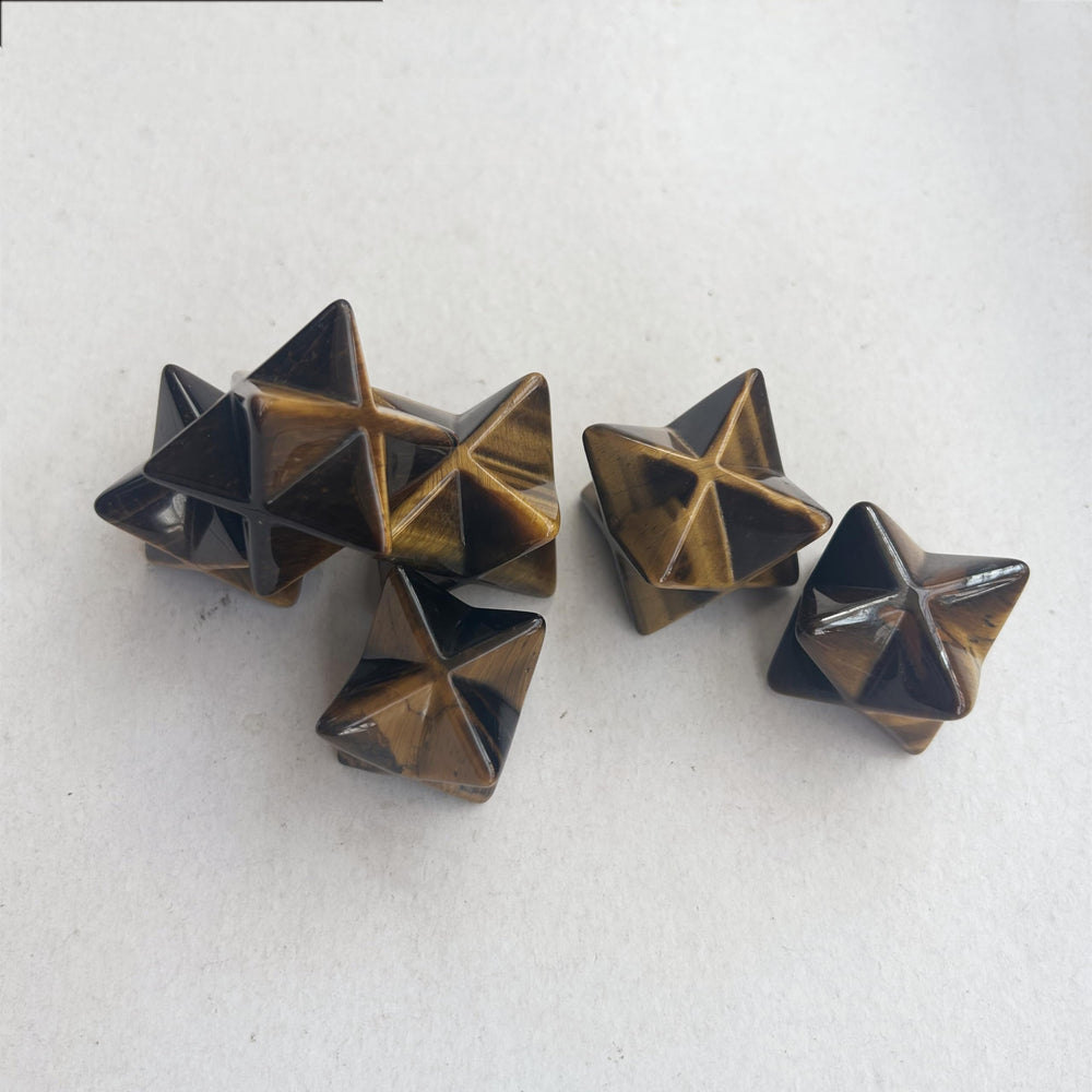 Sunshcat Tiger's Eye Merkaba hexagonal star in packaging, ready for gifting and mindful rituals.