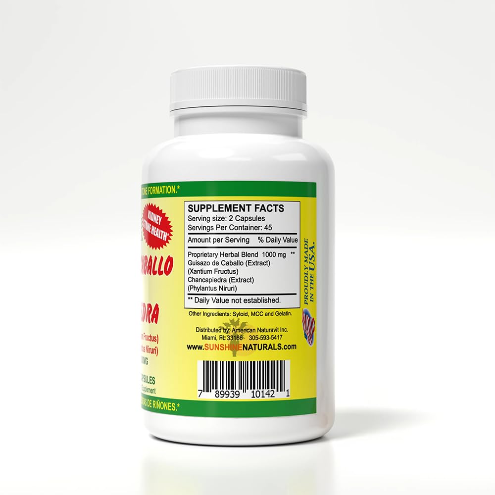 Sunshine Naturals label detail highlights natural extracts of Guisazo de Caballo and Chancapiedra.