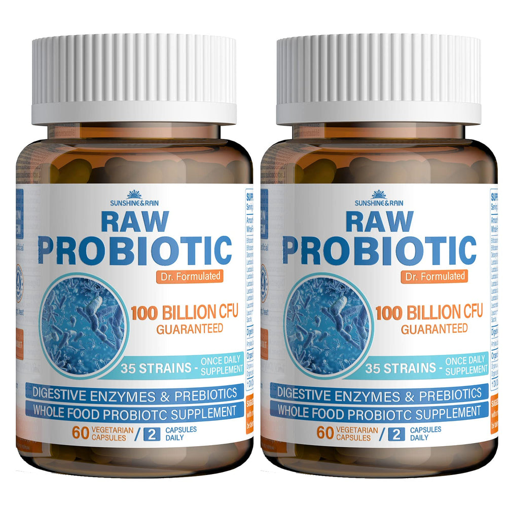 Sunshine & Rain Raw Probiotics bottle front, showcasing daily gut support.