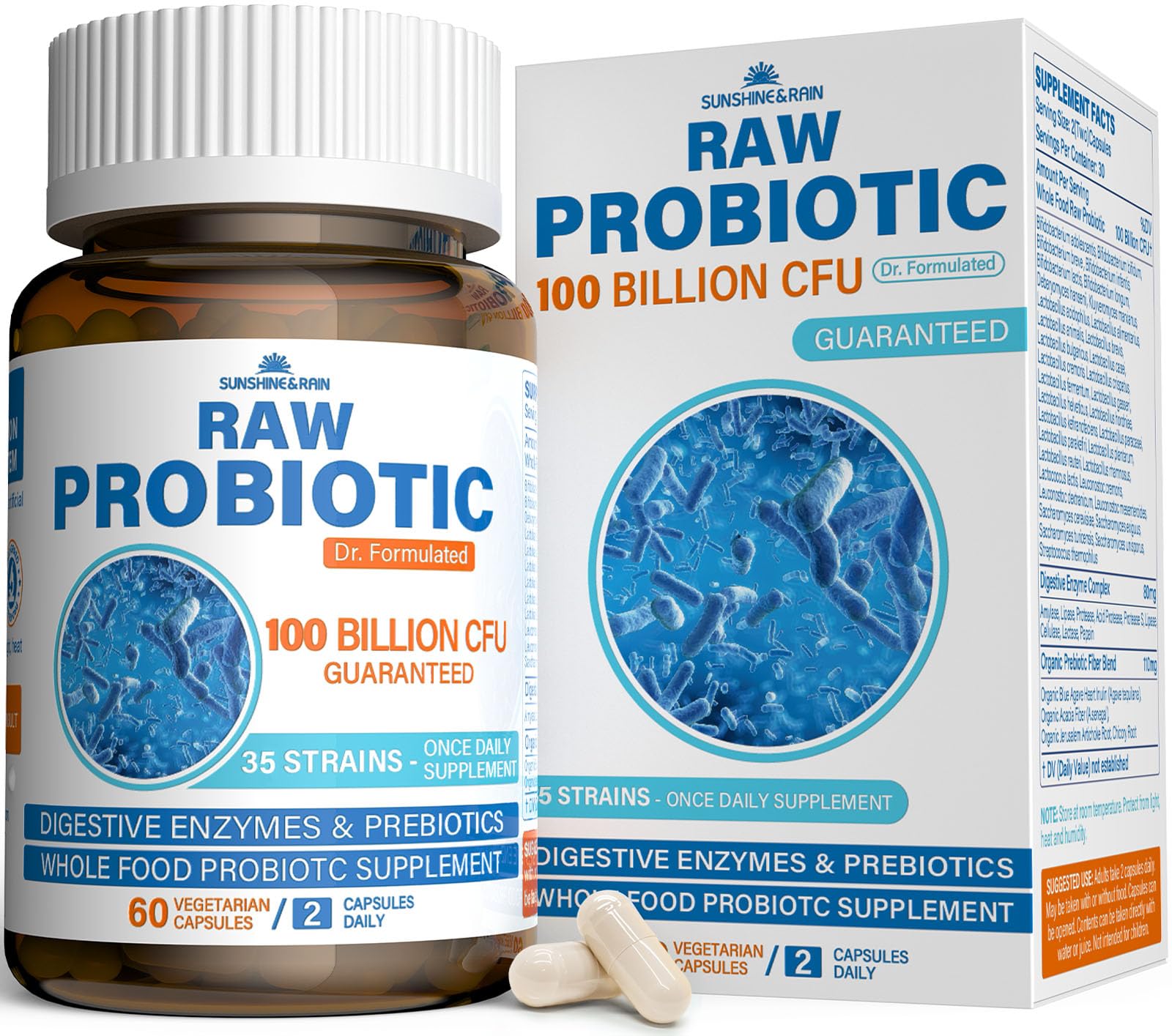 Sunshine & Rain Raw Probiotics bottle supports a potent gut balance.