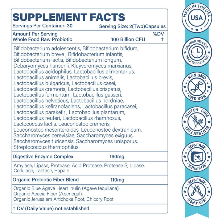 Sunshine & Rain Raw Probiotics capsules deliver 100 billion CFU for daily gut comfort.