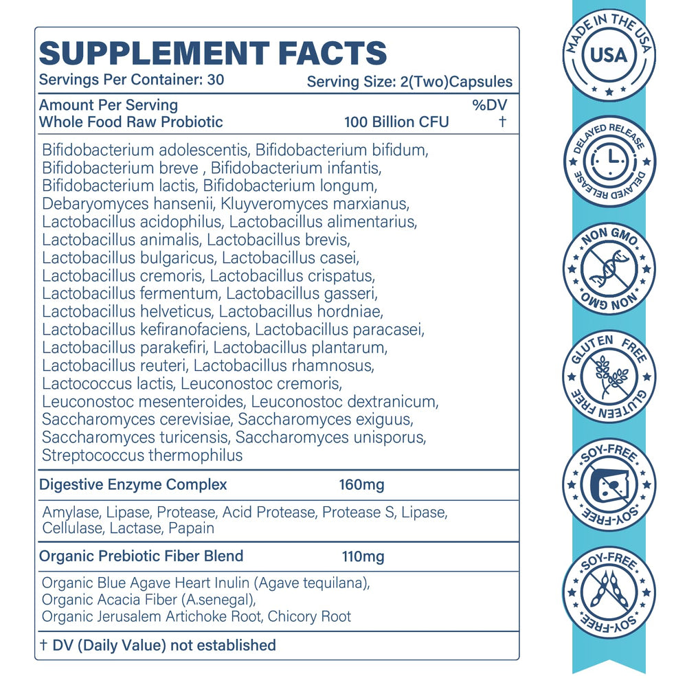 Sunshine & Rain Raw Probiotics capsules deliver 100 billion CFU for daily gut comfort.