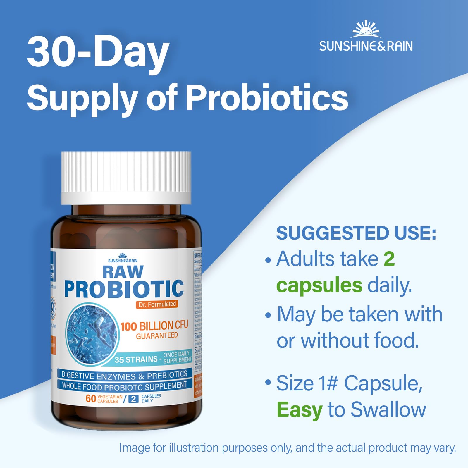 Sunshine & Rain vegan capsules on shelf emphasize dairy-free and gluten-free formula.