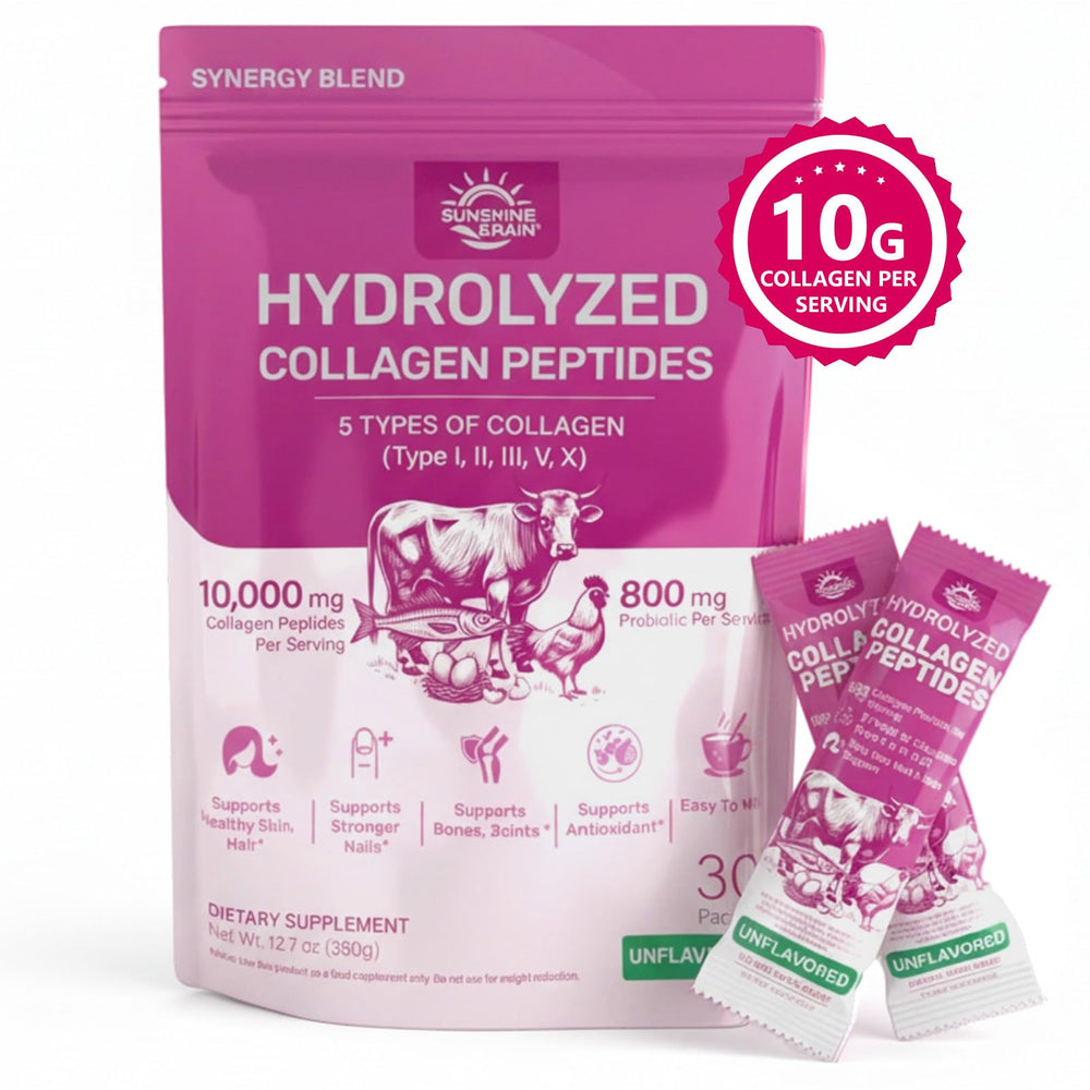 Sunshine & Rain daily collagen supports skin, hair, nails in routine.