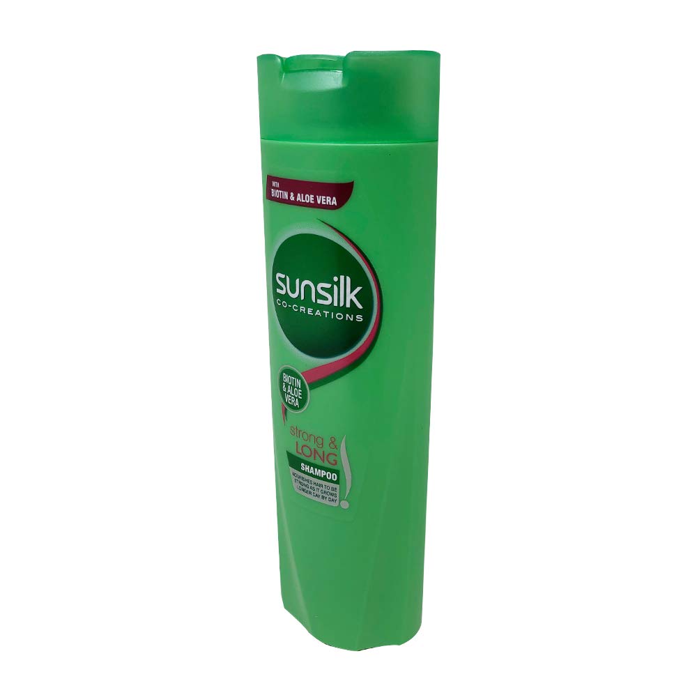Sunsilk Co-Creations Biotin bottle pour showing smooth shampoo application