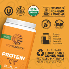 Sunwarrior 5 superfoods blend highlighting quinoa chia and peas for nutrition