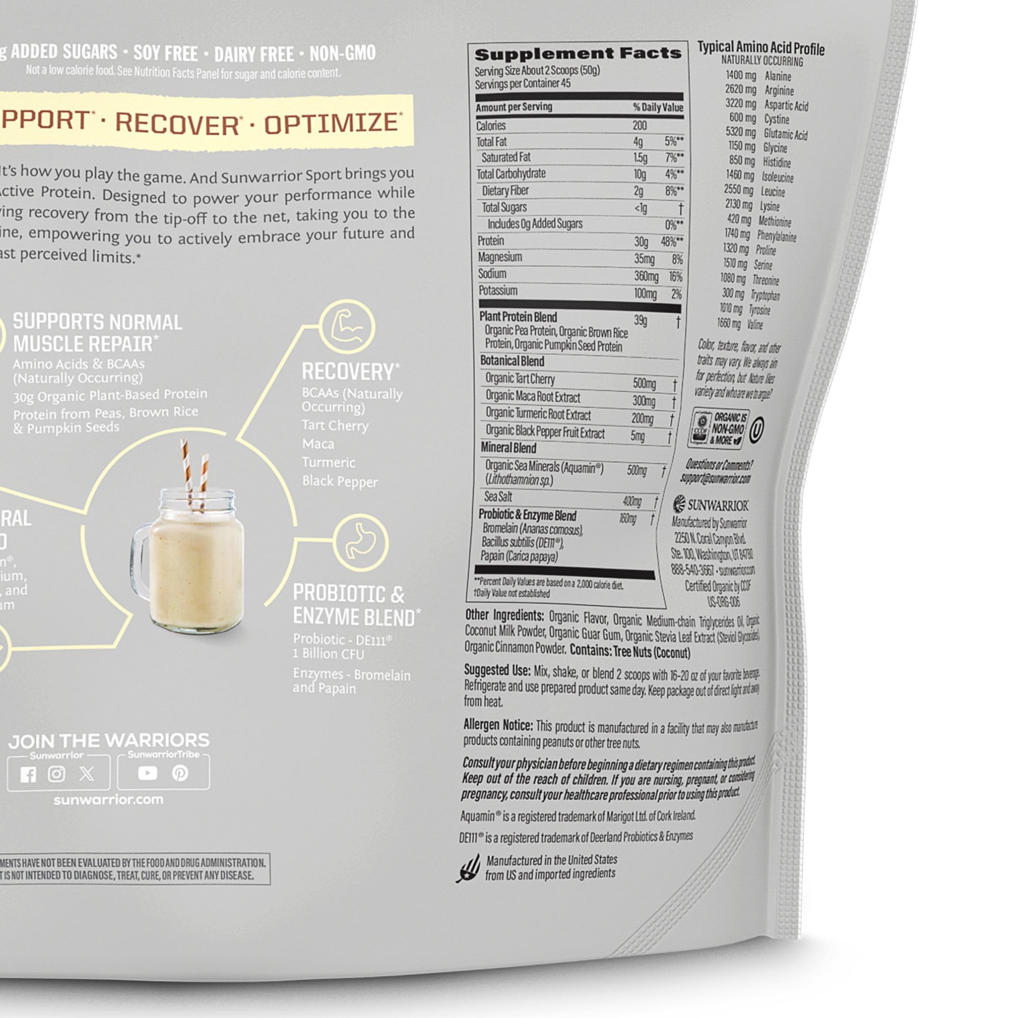 Sunwarrior Active Blend vanilla tub highlighting recovery-focused vegan protein
