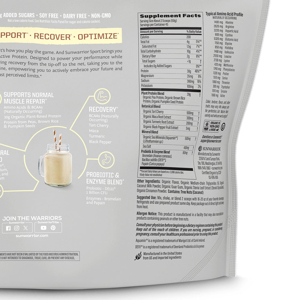 Sunwarrior Active Blend vanilla tub highlighting recovery-focused vegan protein