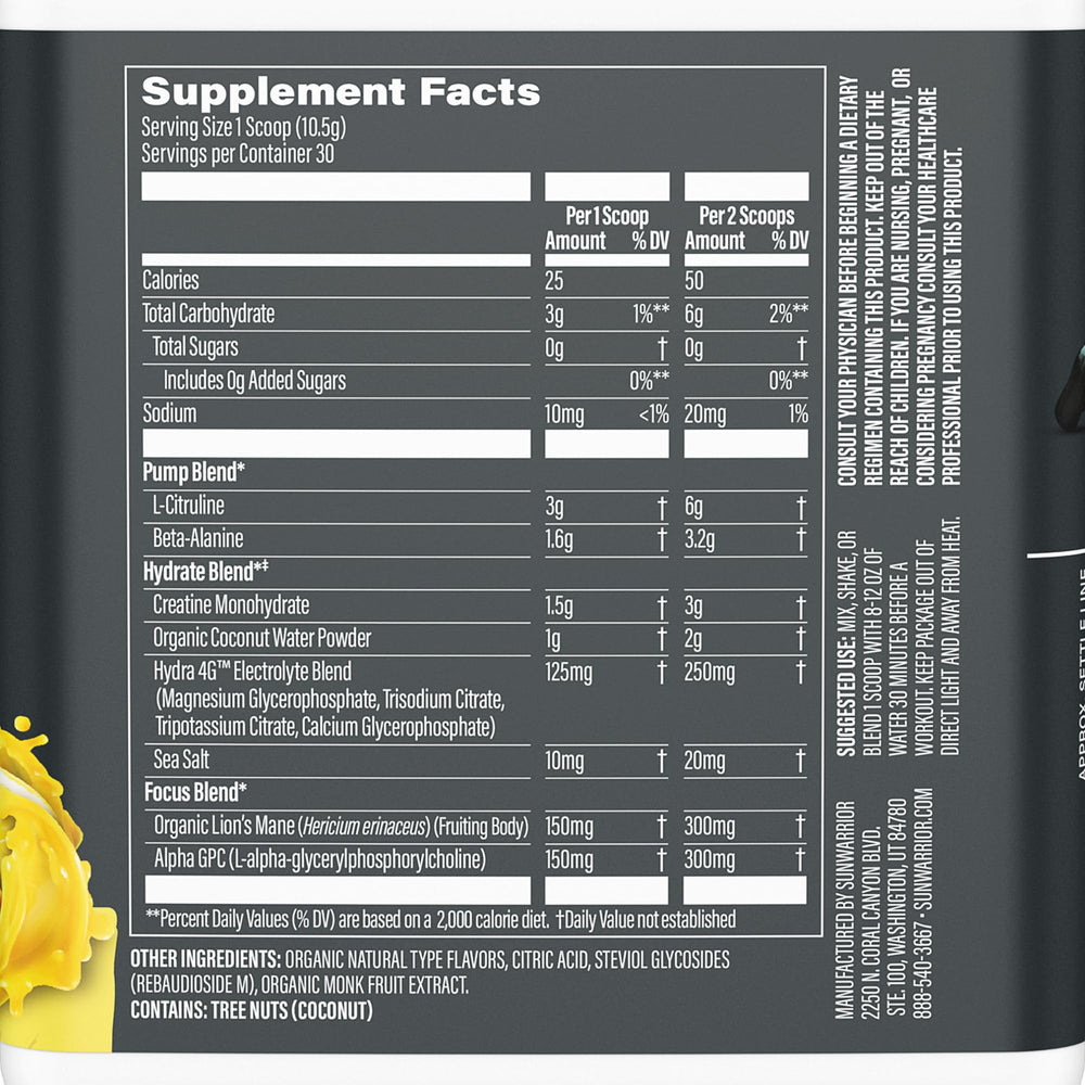 Sunwarrior Active Pre-Workout container label highlighting vegan, non-stimulant formula.