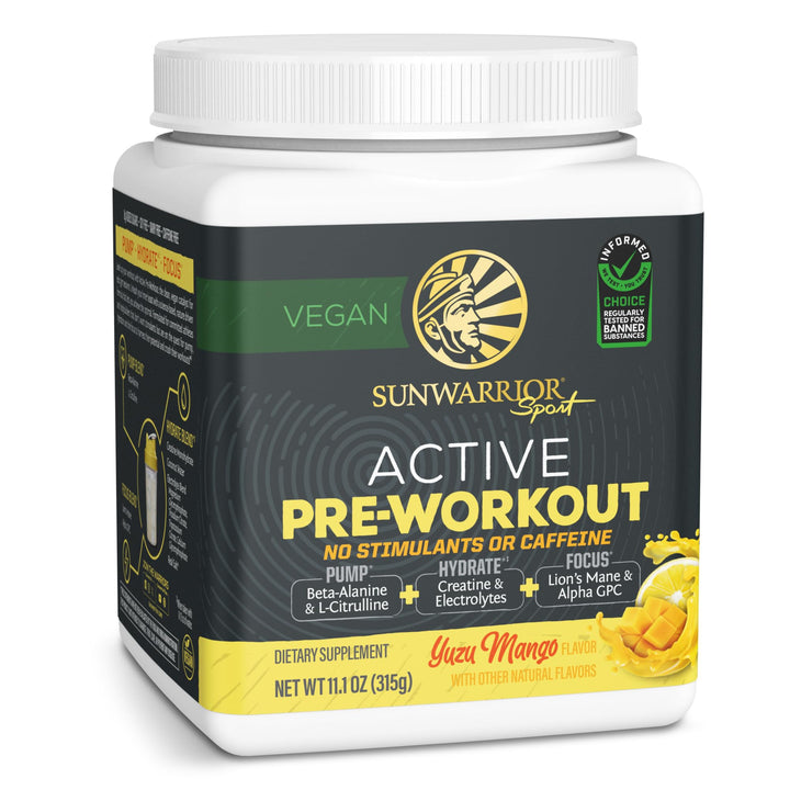 Sunwarrior Active Pre-Workout powder scoop showing caffeine-free formula for a clean energy pre-workout.