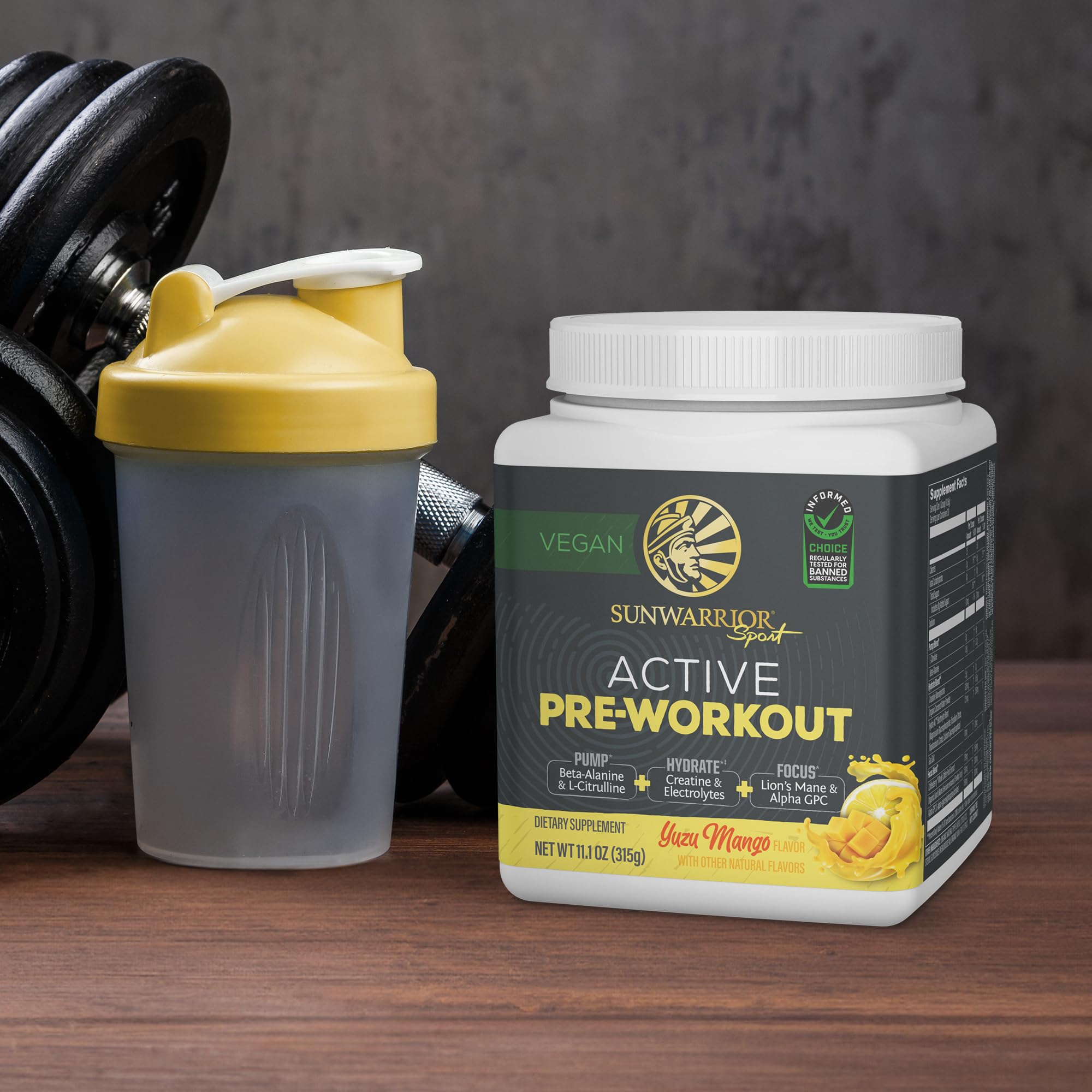 Sunwarrior Active Pre-Workout Lion's Mane image highlights focus benefits