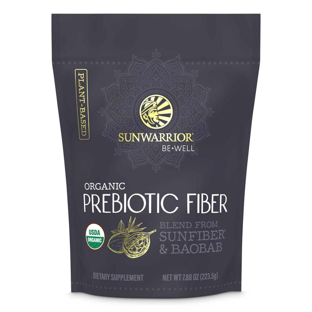 Be Well by Sunwarrior prebiotic fiber bottle on kitchen counter for daily gut-friendly routine