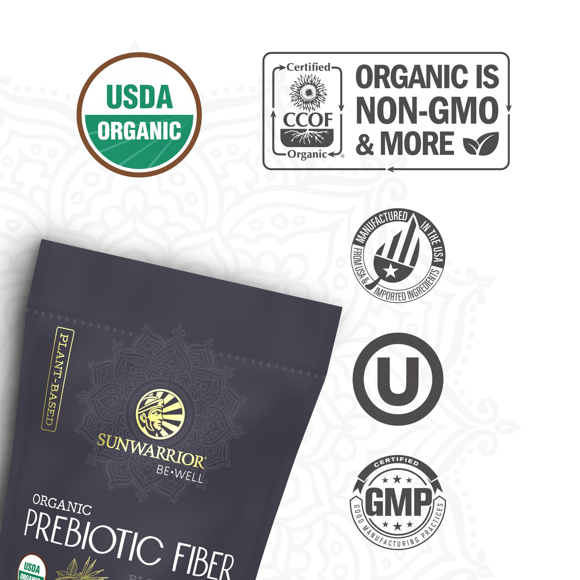 Close-up of Be Well by Sunwarrior fiber label showing organic Sunfiber and baobab ingredients