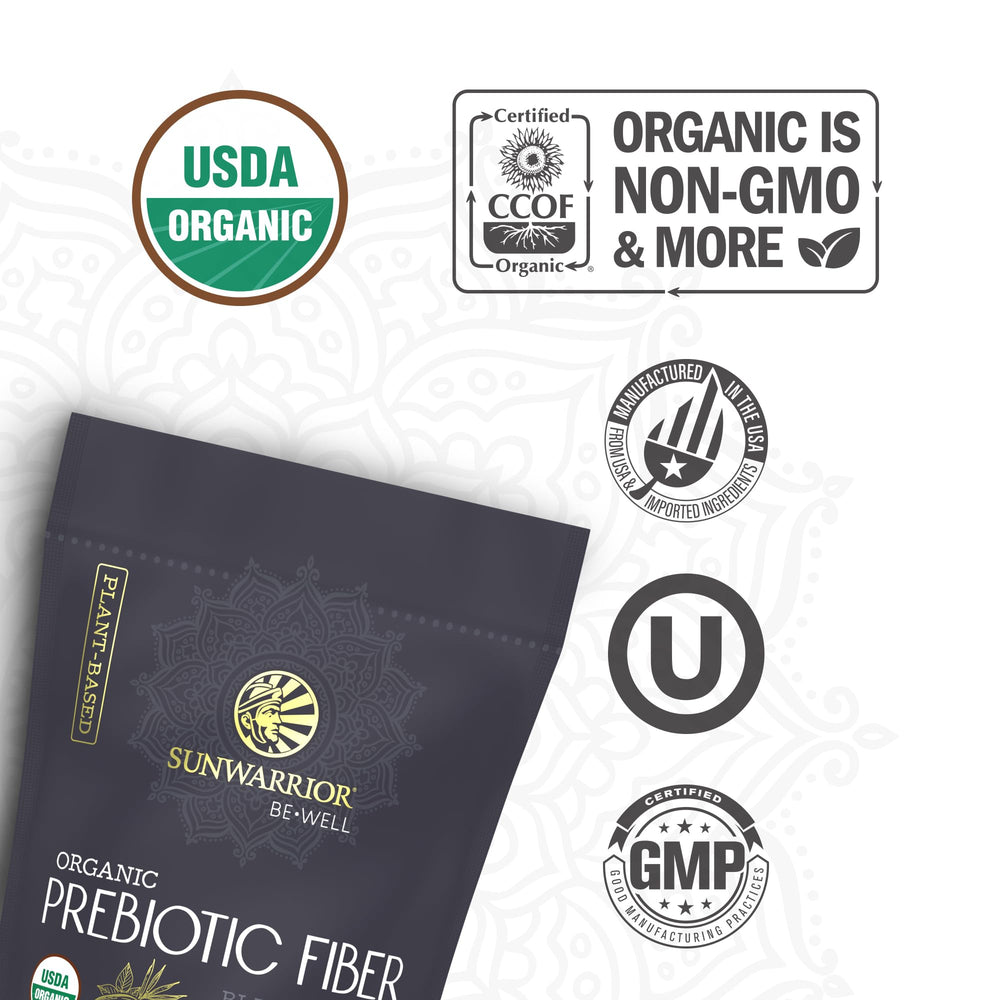 Close-up of Be Well by Sunwarrior fiber label showing organic Sunfiber and baobab ingredients