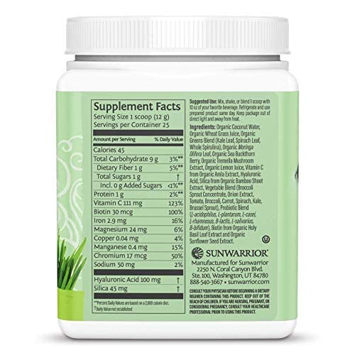 Sunwarrior Beauty Greens bottle label highlighting vegan, gluten-free, and sugar-free features.