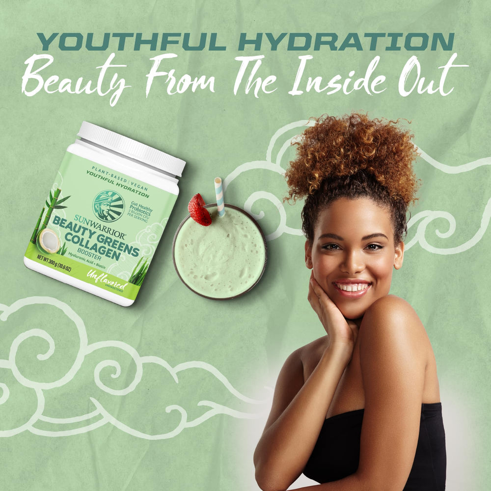 Sunwarrior Beauty Greens label closeup highlighting ingredients and information