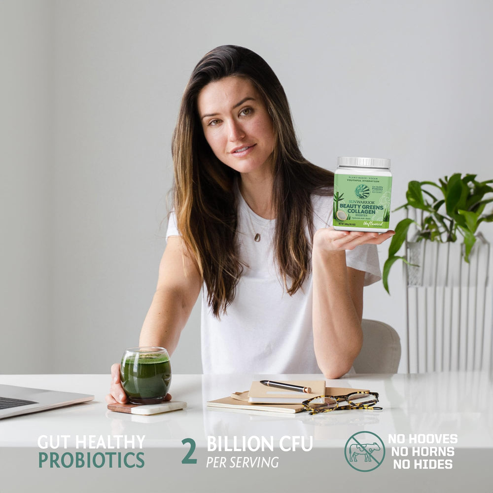 Sunwarrior Beauty Greens shake cup scene suggesting easy daily smoothie routines
