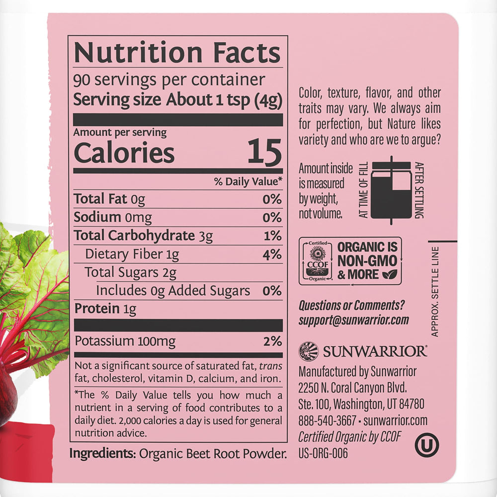 Sunwarrior Beet Root Powder label close-up highlighting organic vegan ingredients