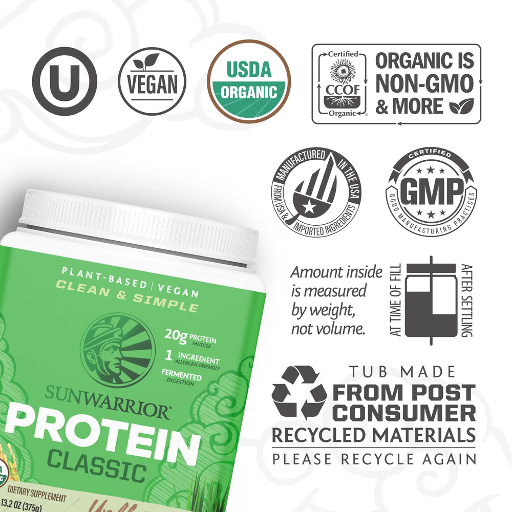 Sunwarrior Brown Rice Protein Label Vegan Dairy-Free, clean ingredient message.