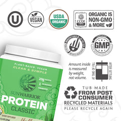 Sunwarrior Brown Rice Protein Label Vegan Dairy-Free, clean ingredient message.