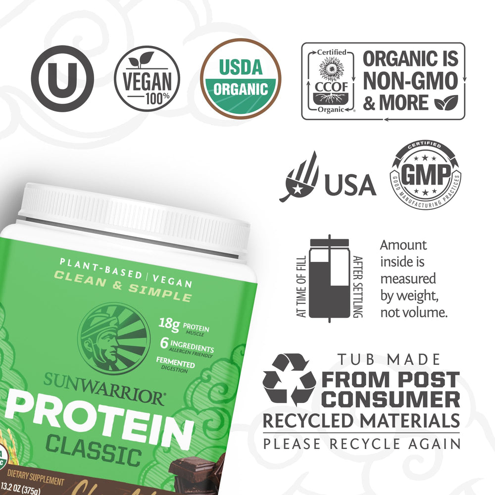 Sunwarrior chocolate brown rice protein label close-up showing vegan and gluten-free promise
