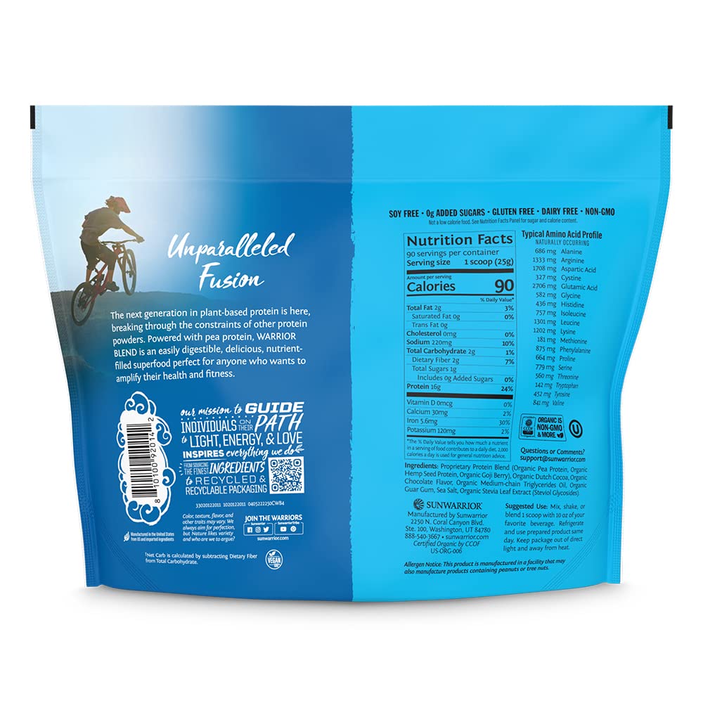 Sunwarrior chocolate tub opened with spoon showing creamy shake readiness.